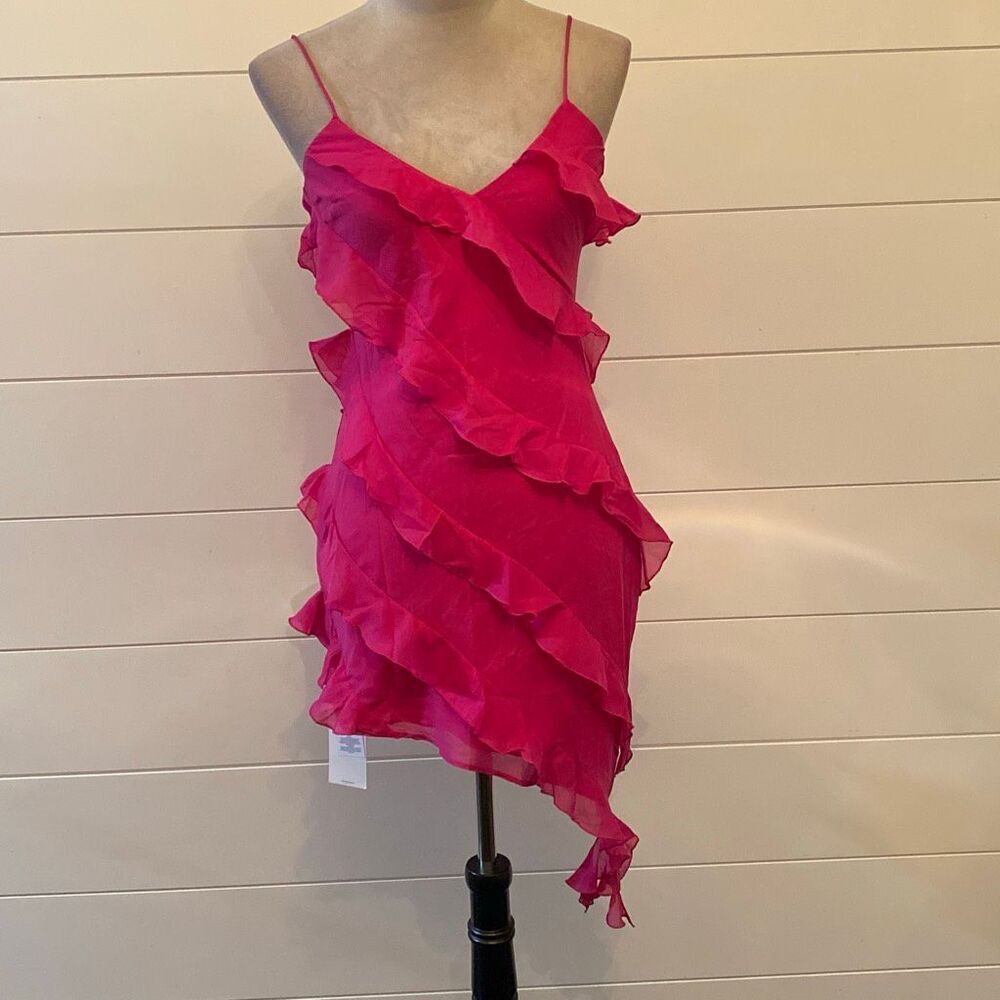 NWT Abercrombie & Fitch Vibrant Pink Asymmetric Ruffled Mini Dress Vneck adjusta - Picture 2 of 12